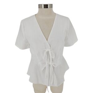 English Factory Peplum Tie Top White Short Sleeve Button V Neck Shirt Medium
